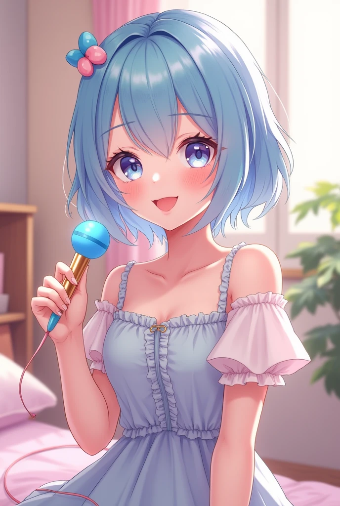 Cute anime girl smiling with pastel blue hair holding a 3dio microphone that looks like an ear doing asmr