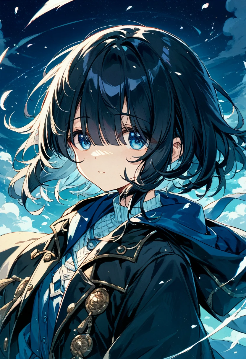eyes visible through hair / bangs,(hair over one eyes),Long Black Hair、((Beautiful Blue Eyes)),Cute Girls、Put on a black coat、Hair fluttering in the wind in the night sky