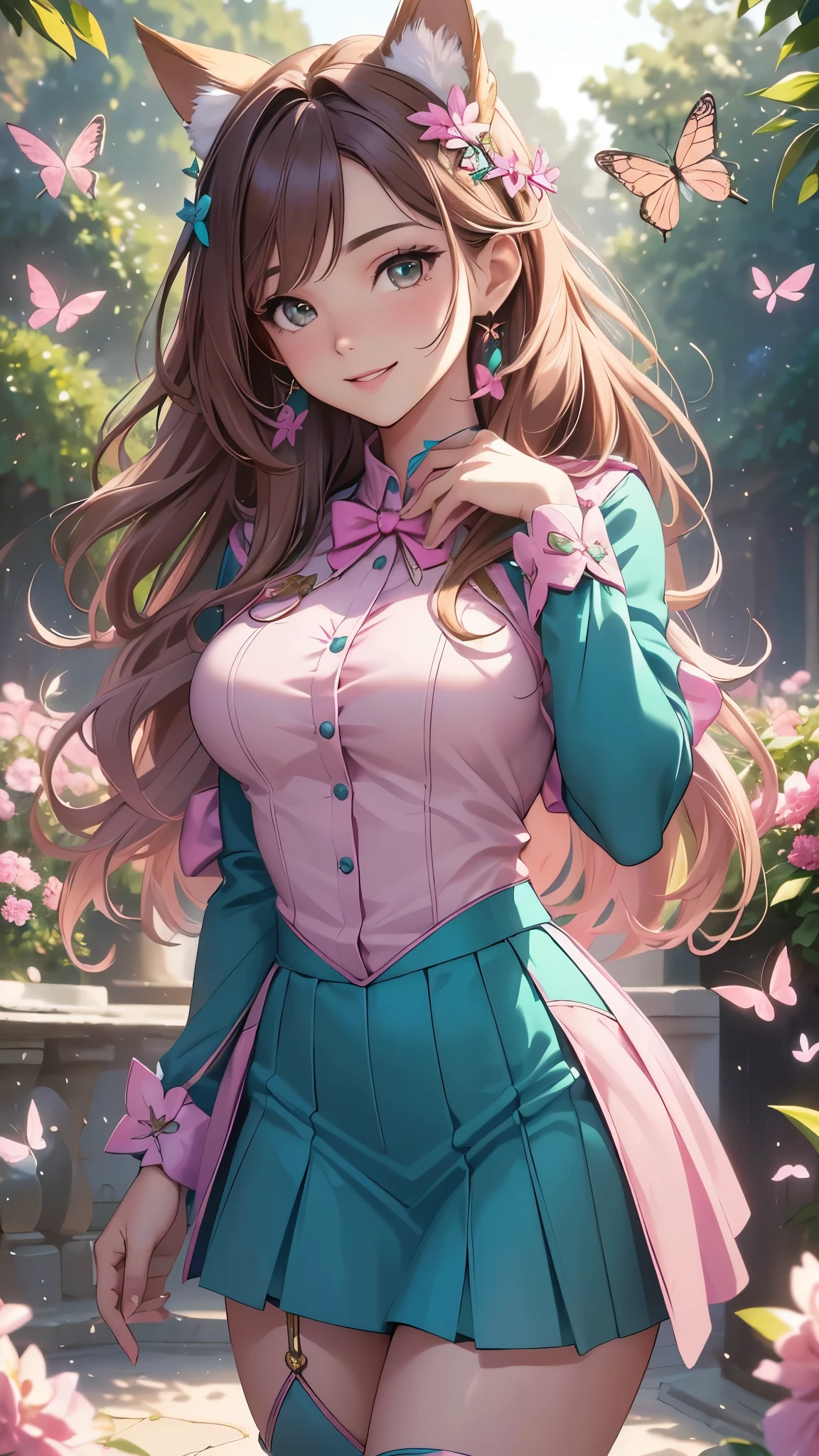 (best quality,4k,8k,highres,masterpiece:1.2),ultra-detailed,(realistic,photorealistic,photo-realistic:1.37),acrylic painting,beautiful Brazilian model in a uniform outfit with downy hair,beautiful Brazilian model with extremely colorful brown hair and detailed facial features,beautiful Brazilian model standing in a beautiful garden sakura flowers, long hair,cat ears, hair bows, glitter sparkling uniform skirt outfits, smile, happy face,light brownhair,butterflies, brown eyes, mature woman, older woman, 30 year old, adult woman. Older lady, posing,Solo, teal and pink butterflies, close up, teal and pink