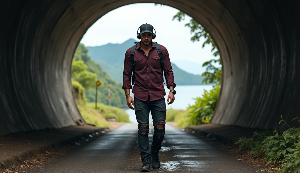 Hyper realistic, a 2 Indonesia man walking alone into a large tunnel. Look straight ahead. wearing dark red flannel shirt and dark ripped jeans pants and black hiking hi-shoes with black backward trucker hat, wear dark leather backpack, wear headphone, masculine photoshoot pose, arrogant man expression. He walks into the tunnel, not facing away from the camera. His face is visible clearly and in great detail. The end of the tunnel shows a view of the ancient village of Ternate, North Maluku, Indonesia with the ocean and Mount Ternate. Emphasize the contrast between the dark, rough ground of the tunnel and the bright landscape.