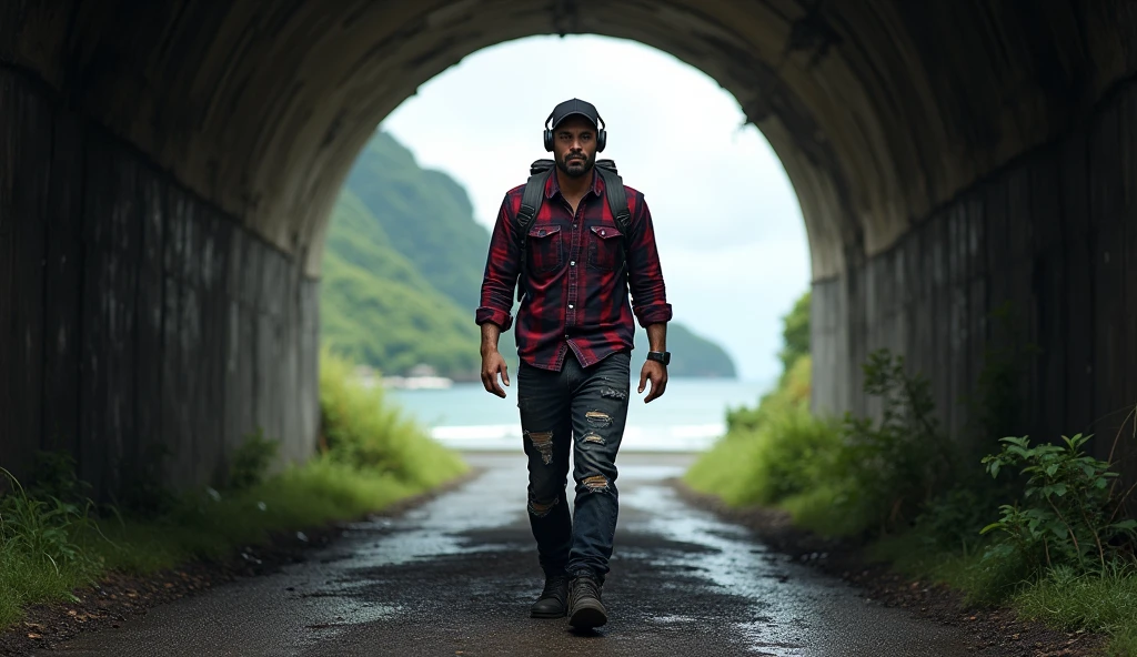 Hyper realistic, a 2 Indonesia man walking alone into a large tunnel. Look straight ahead. wearing dark red flannel shirt and dark ripped jeans pants and black hiking hi-shoes with black backward trucker hat, wear dark leather backpack, wear headphone, masculine photoshoot pose, arrogant man expression. He walks into the tunnel, not facing away from the camera. His face is visible clearly and in great detail. The end of the tunnel shows a view of the ancient village of Ternate, North Maluku, Indonesia with the ocean and Mount Ternate. Emphasize the contrast between the dark, rough ground of the tunnel and the bright landscape. 