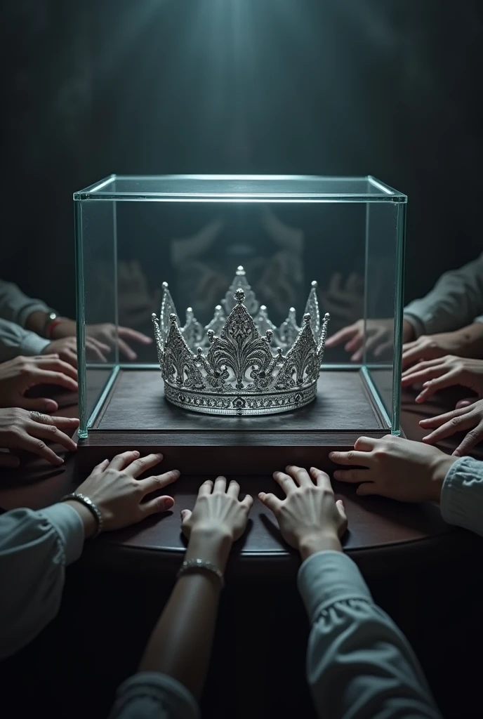 (bookcover) silver wedding crown, Wedding crown in a glass box on the table, dark background, many hands want to grab the wedding crown.