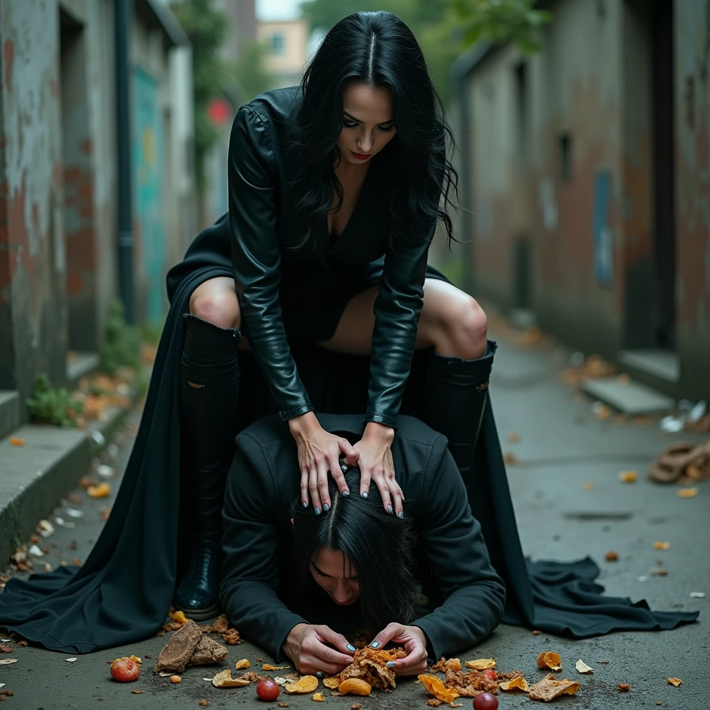 A man kneeling with his head down eating garbage sfood scraps off the floor, a gothic woman standing tall, with black wavy hair, green eyes, thigh-high socks, steps on the man's head face pushing it down, hyperrealism, photo, 4k