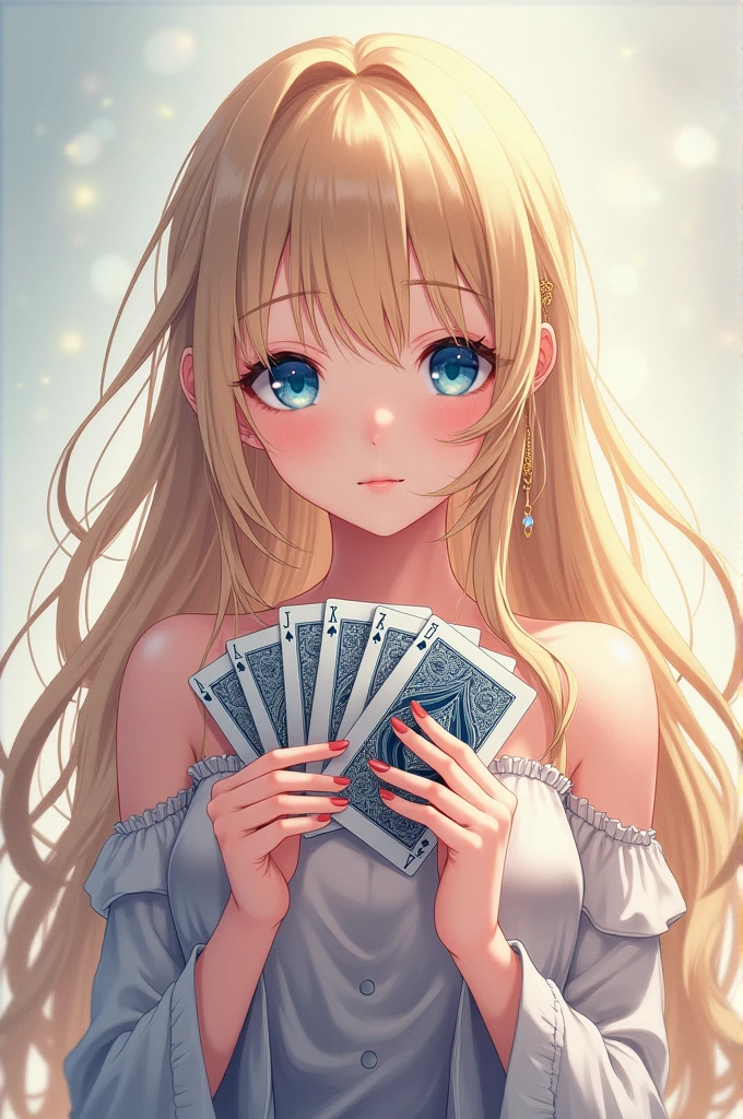 Anime girl with long blond slightly wavy hair, and a deck of cards in her hands. Her eyes are deep blue. She seems kind.