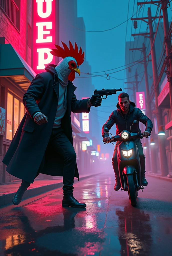 Hotline miami style picture. The painting shows a man in a rooster mask shooting at a man on an electric scooter.