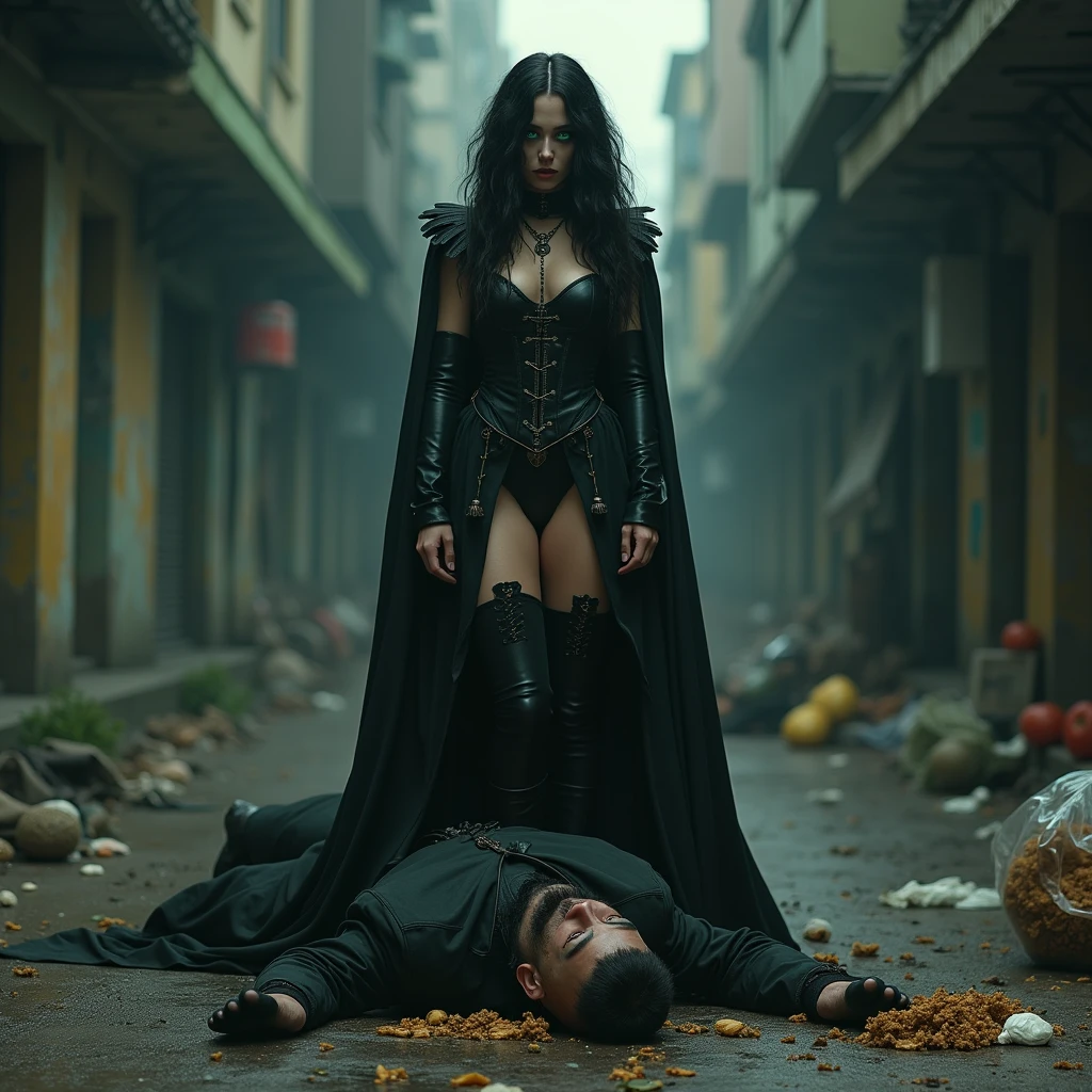 A man kneeling with his head down eating garbage sfood scraps off the floor, a gothic woman standing tall, with black wavy hair, green eyes, thigh-high socks, steps on the man's head face pushing it down, hyperrealism, photo, 4k