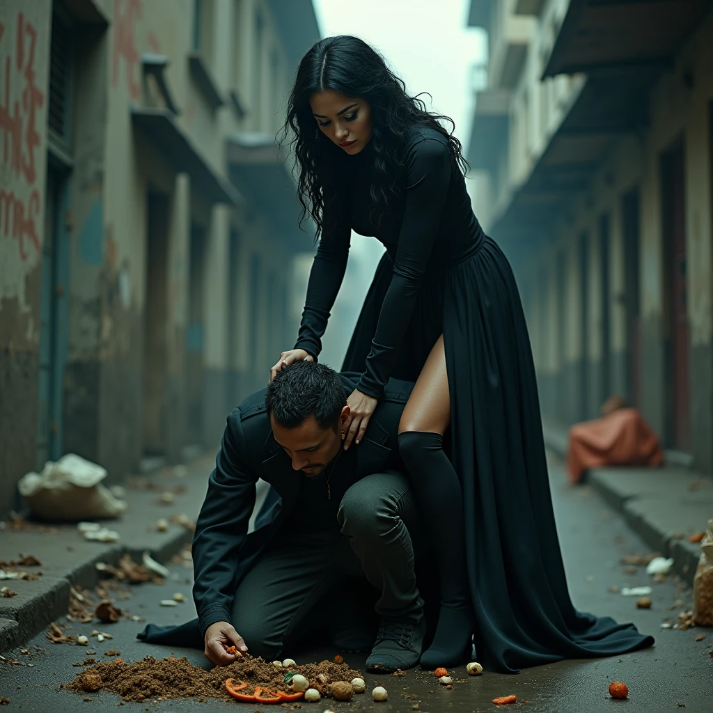 A man kneeling with his head down eating garbage sfood scraps off the floor, a gothic woman standing tall, with black wavy hair, green eyes, thigh-high socks, steps on the man's head face pushing it down, hyperrealism, photo, 4k