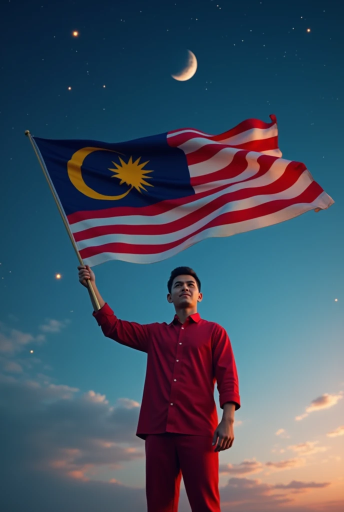 a young malay man dressed in red and holding a perfect malaysian flag rod without any tears and a star moon that is not upside down and facing forward.