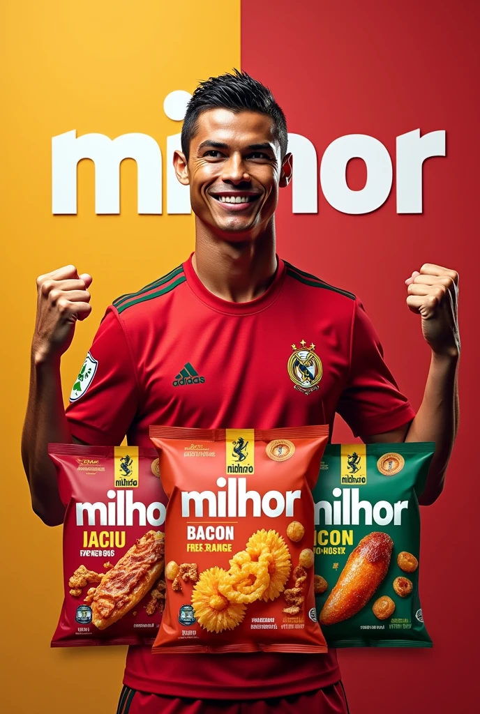 cristiano ronaldo, snack brand poster boy, Brand Name "milhor", Brand Name na embalagem do salgadinho, with the flavors, bacon,free range chicken and barbecue