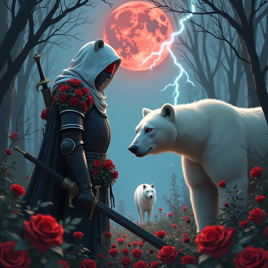 Male knight with a white hood with bear ears with sword behind his back sits towards a polar bear in a forest while the moon shines, many Roses cover the ground and lightning falls from the sky. The polar bear has black eyes and a calm appearance. Only the man wears a red blindfold. In the background of the picture is the blood moon. The forest is full of trees with leaves. The armor of the man is black with red roses on it. The knight smells on a rose. In.the far there is a white wolf looking at the bear and knight.