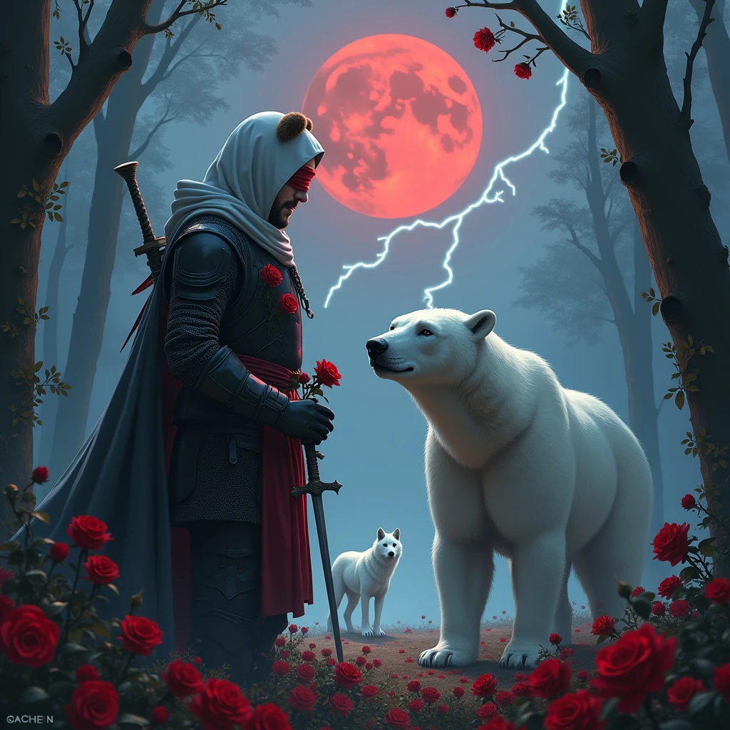 Male knight with a white hood with bear ears with sword behind his back sits towards a polar bear in a forest while the moon shines, many Roses cover the ground and lightning falls from the sky. The polar bear has black eyes and a calm appearance. Only the man wears a red blindfold. In the background of the picture is the blood moon. The forest is full of trees with leaves. The armor of the man is black with red roses on it. The knight smells on a rose. In.the far there is a white wolf looking at the bear and knight.