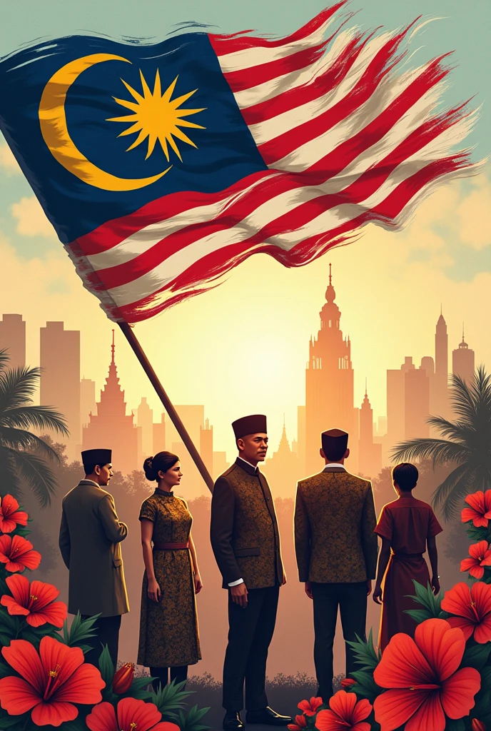 For Malaysia Independence Day, the poster showcases the Jalur Gemilang waving proudly in the background, symbolizing the nation's spirit and unity. Prominent figures like Tunku Abdul Rahman stand alongside iconic landmarks, while a diverse group of people in traditional attire celebrates the country's rich cultural heritage. Traditional motifs such as batik patterns and the Hibiscus flower weave through the design, highlighting Malaysia's unique identity. The vibrant colors of the national flag tie the elements together, creating a powerful tribute to Malaysia's journey to independence.