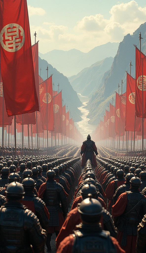 An expansive field with 635,000 soldiers, the largest army of the Tang Dynasty. Soldiers in traditional Chinese armor stand in disciplined rows under the command of their generals. The soldiers are backed by tall banners bearing the Tang Dynasty’s emblem, with mountains in the background and a river cutting through the land.
