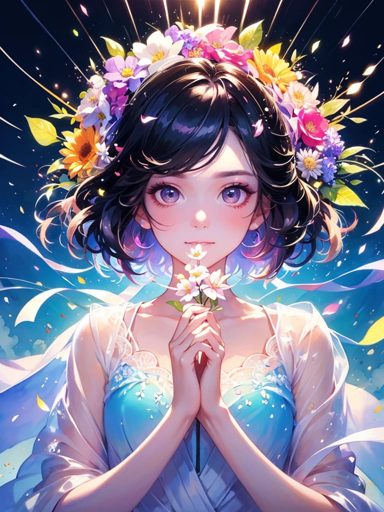 (masterpiece、Highest quality、Highest quality、Beautiful and beautiful:1.2)、Excellent anatomy、(Watercolor painting 1.5)、Long Shot、 beautiful girl, Rainbow Hair, Hold the transparent flower close to your face with both hands, Wonderful flower field, night, Korean Makeup, mature, sister, eye make up