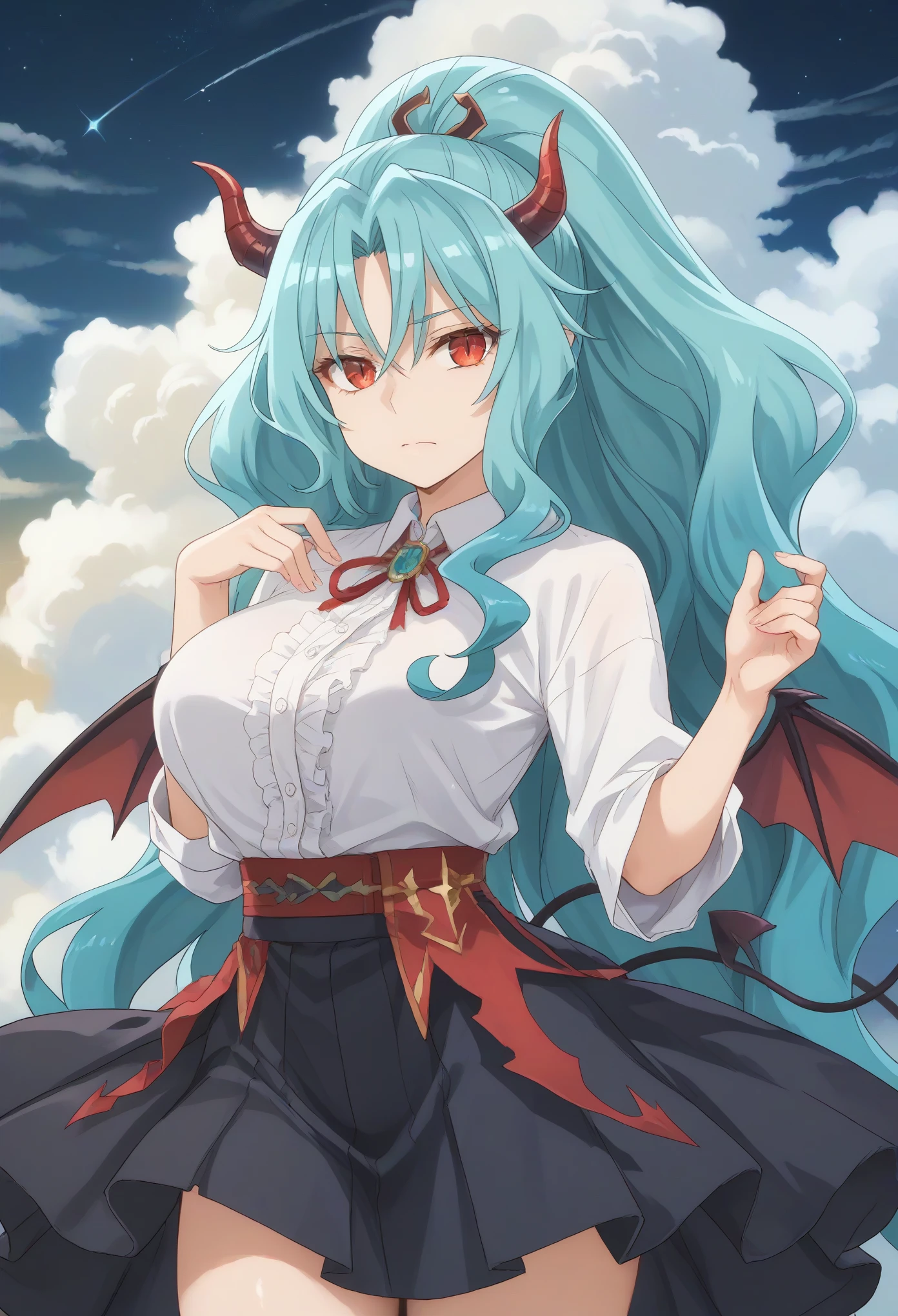 masterpiece, (best quality:1.2), [:intricate details:0.2], demon girl, skirt, long hair aqua hair ponytail red eyes,slit pupils,big breast, demon horns, demon wings, demon tail, enchanting gaze, captivating pose, otherworldly charm, mystical sky, moonlit night, cloud,
