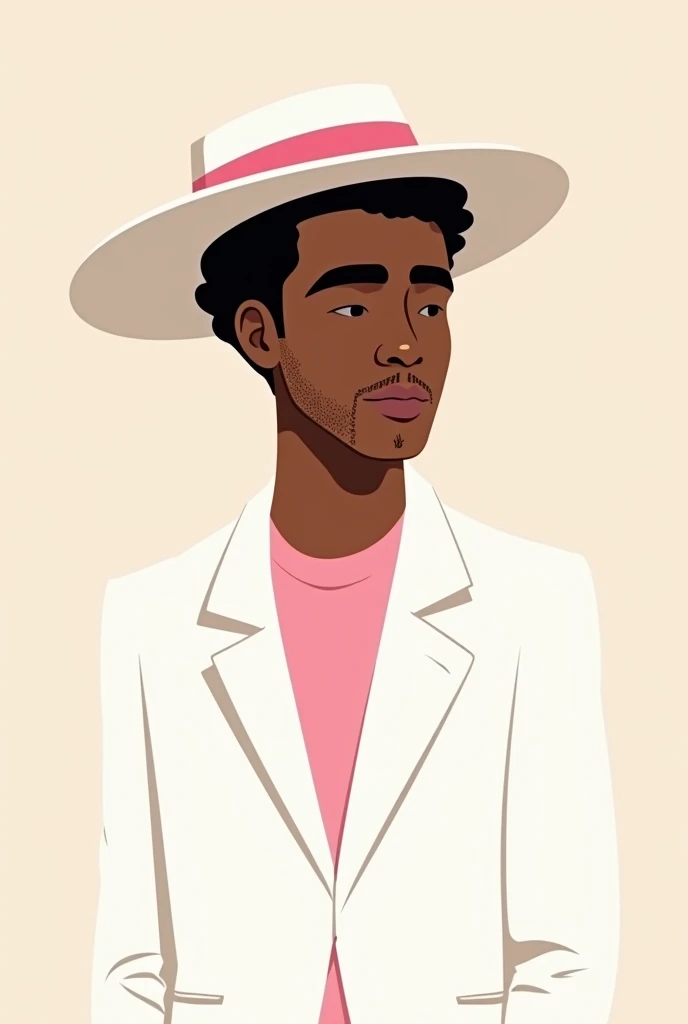 um homem adulto, dark-skinned, with short wavy hair and stubble, wearing a white samba hat with a pink band, he also wears a white suit with a pink shirt underneath, the illustration must be flat style, 2d style without any details, no details at all, the man must be an adult without any cute details or