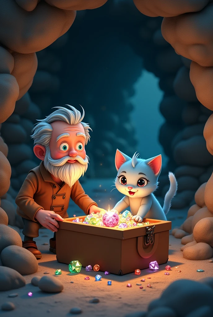 A cute little kitten with blue color going to a cave with a poor old man with small French beard in brown clothes happy they found a big brown box full of gems ai image