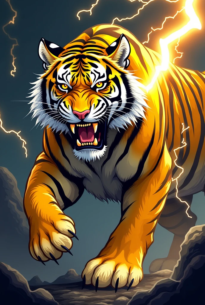 A HIGHLY DETAILED Stylized VECTOR ART yellow tiger, A STYLIZED VECTOR ART THUNDER AROUND ON THE TIGERS AWRA