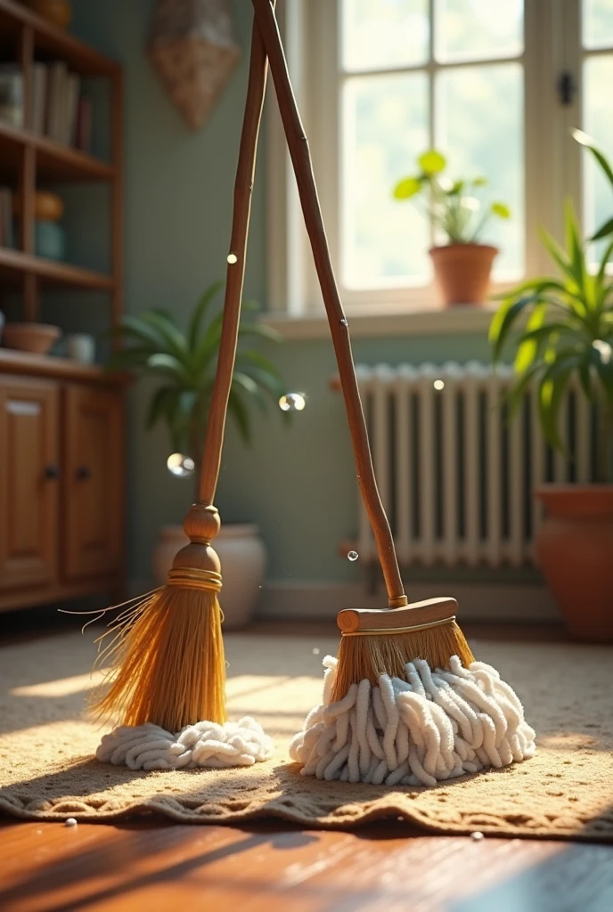 Broom that sweeps by itself, self-scrubbing mop