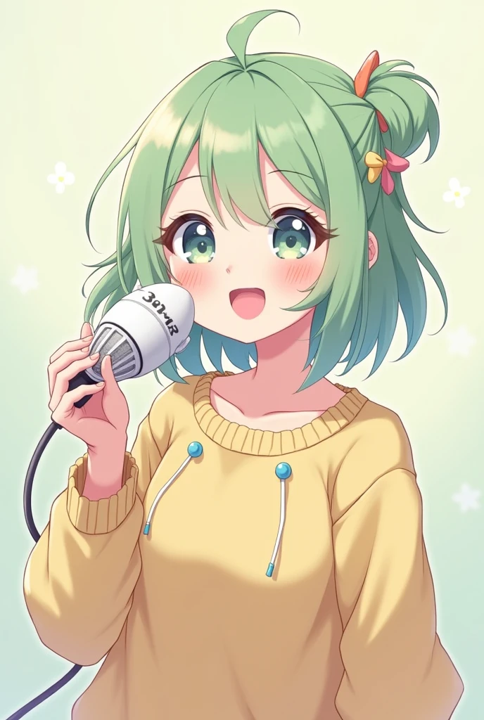 Cute anime girl smiling with pastel green hair holding a 3dio microphone that looks like an ear doing asmr microphone cleaning