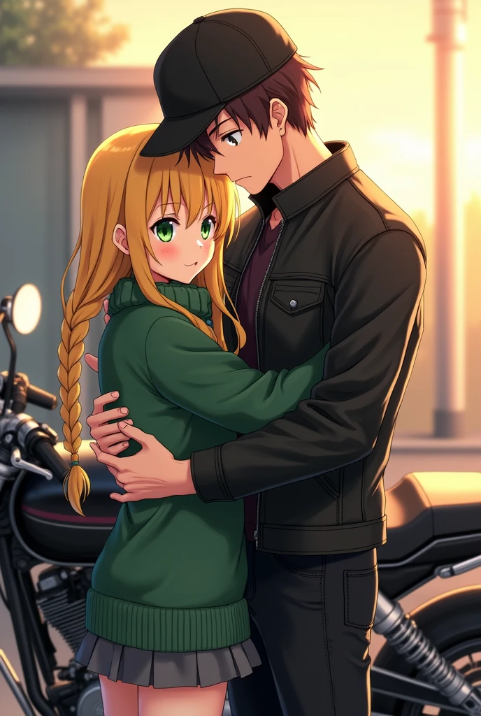 Anime, blond girl side braded long hair, green eyes, green sweater, gray skirt, huging a brown haired tall guy, black cap, black leather jacket, black jeans standing near a black motorcycle