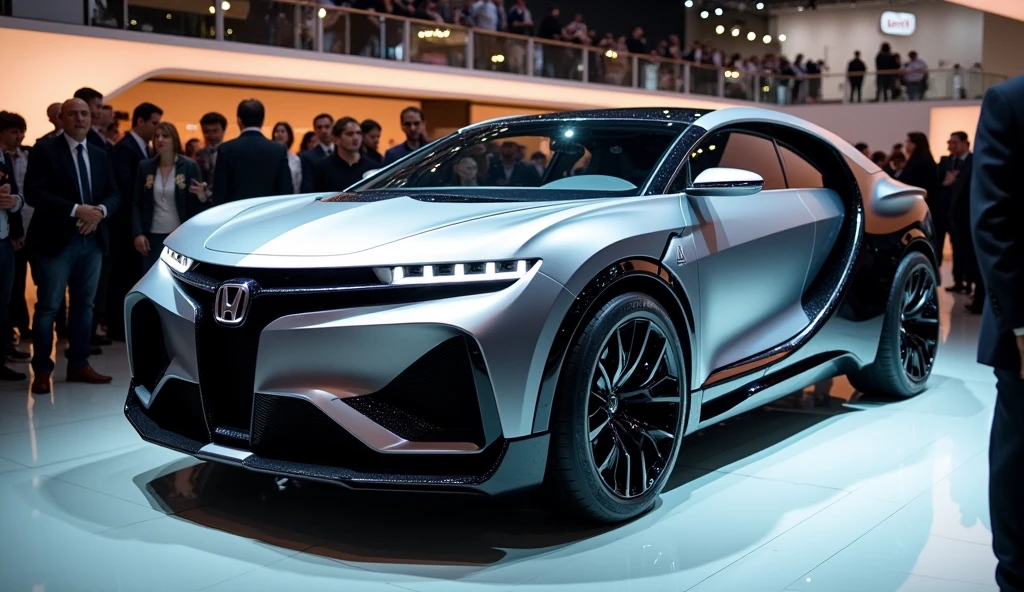a Honda CRV mixed with bugati divo 2020, modern design, in a showroom with a lots people, (shot from behind)