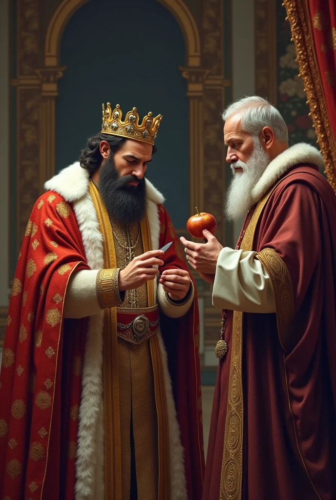 The king cut his finger while cutting the apple The king bandaged it nicely With the minister, the minister raised his hand to the sky and said something
