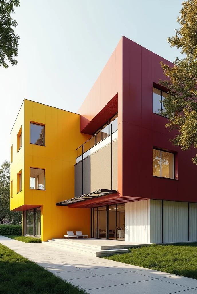 John Dewey Institute in wine colors, modern yellow and white