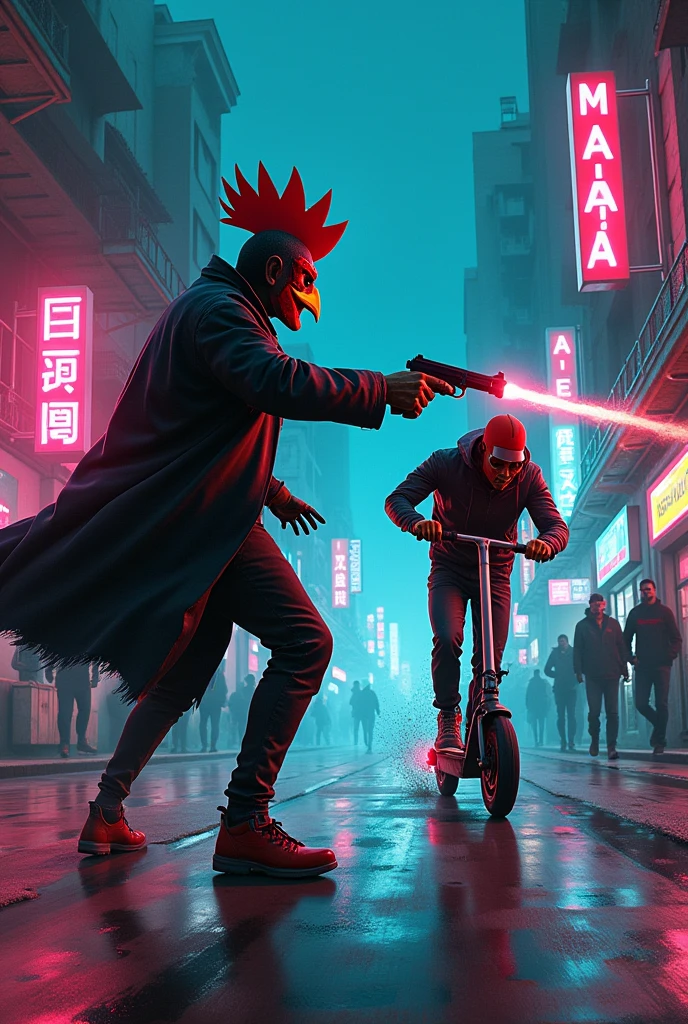 Hotline miami style picture. The painting shows a man in a rooster mask shooting at a man on an electric scooter.