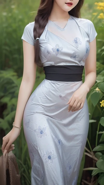 Myanmar girl with attractive curvy full body. Friends full-length bikini, (🖤 black +black 🖤 dress) full body reflective long dress painted with flower patterns, only dress. hi gh hips High resolution High resolution natural background High resolution HD 3D, 8K cartoon anime