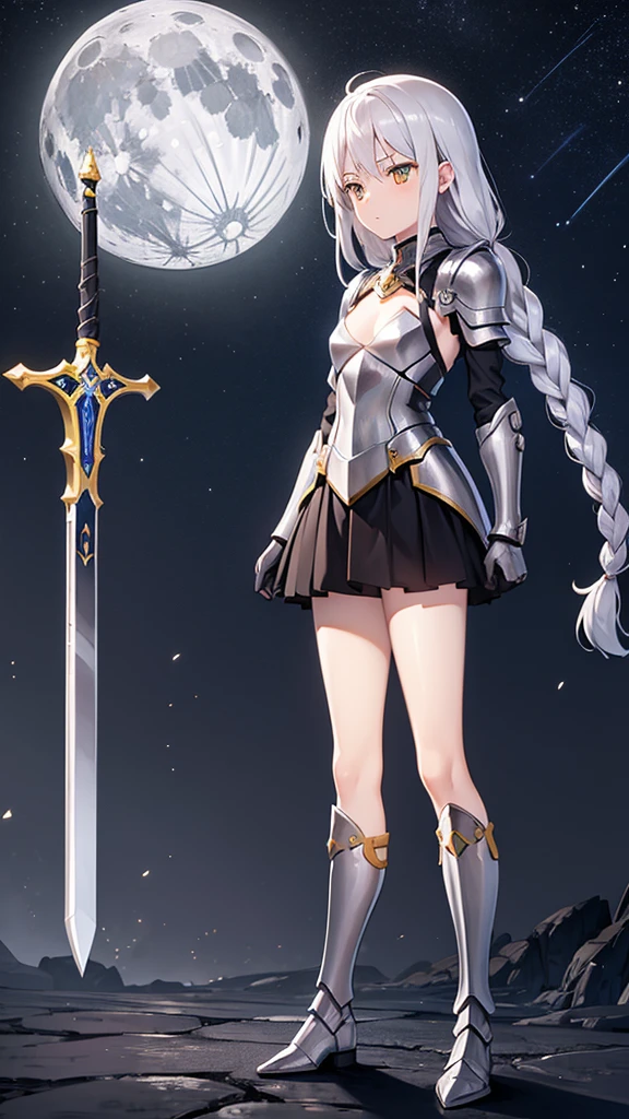 A girl with long silver hair, small double braid and golden eyes,silver forehead protector,Chest,cleavage,Pitch black armor,Hand guard,Iron skirt,Bare Legs,Jet black iron boots,cross sword,Standing,moon,starry night, ,