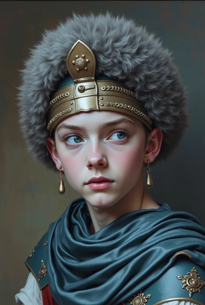 {{Masterpiece, best quality, oil painting, by Franz von Stuck, male focus, muted colors}}, the composition is: (((a dramatic half body portrait of a 20 years old ancient Roman soldier, sexy, magnificent, wearing a beige Russian fur hat, he is wearing a red diamond shape pendant))). ((((He is wearing a dark green lorica uniform made of velvet and alligator leather, with ronin inspired elements, Slavic inspired elements, wearing a satin sash))).