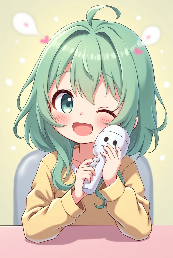 Cute anime girl smiling with pastel green hair holding a 3dio microphone that looks like an ear doing asmr microphone cleaning