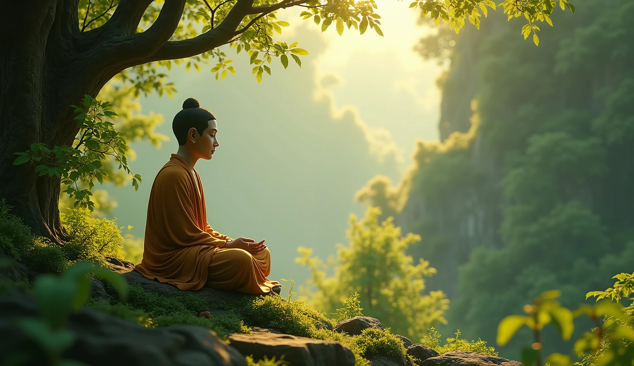 a serene natural a 2 budha setting, sunlight filtering through leaves, individual in contemplative pose, 1 person, detailed face, lush foliage, natural lighting, cinematic shot, photorealistic, intricate details, atmospheric, breathtaking landscape, vibrant colors, (best quality,4k,8k,highres,masterpiece:1.2),ultra-detailed,(realistic,photorealistic,photo-realistic:1.37),HDR,UHD,studio lighting,ultra-fine painting,sharp focus,physically-based rendering,extreme detail description,professional,vivid colors,bokeh,landscape,
