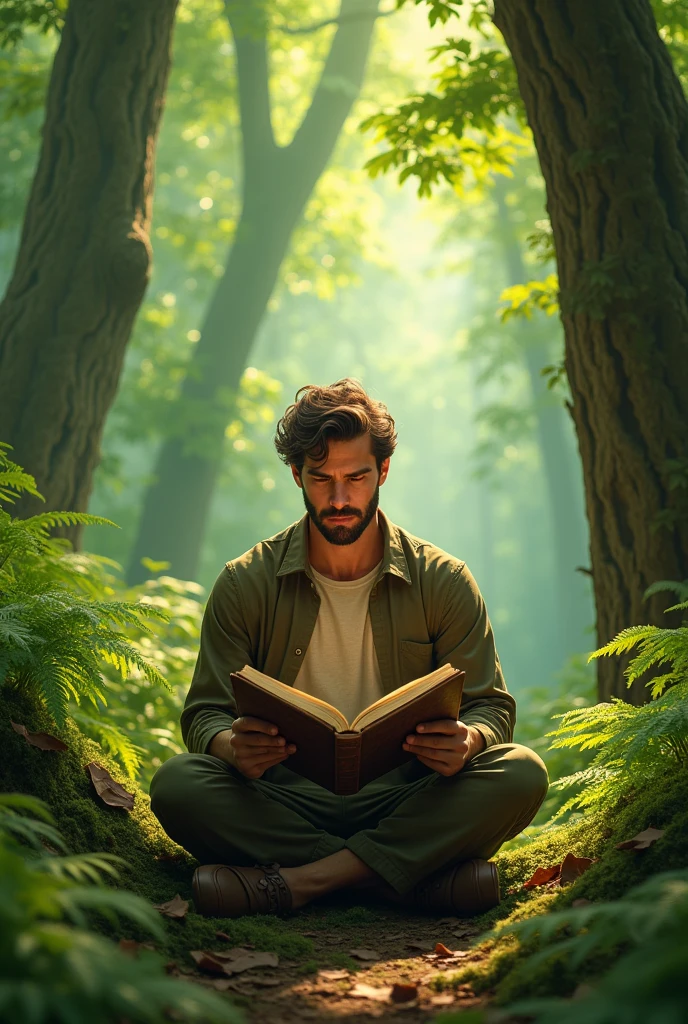 A man in the green forest with a book