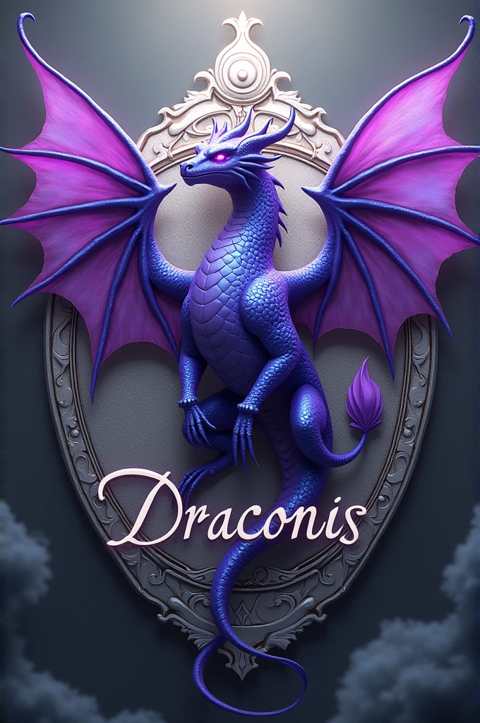 Hogwarts Style Purple Winged Dragon Crest with Silver and Draconis Name