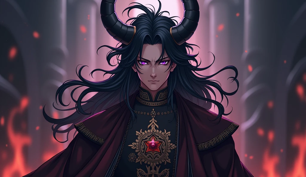 ((Highest quality)), ((masterpiece)), (detailed),The outfit has the dignity of a king of the demon world.、Black Hair、Purple Eyes、A dignified and cool guy、Anime Style、Hand-drawn drawing、Demon King's Hair Ornament