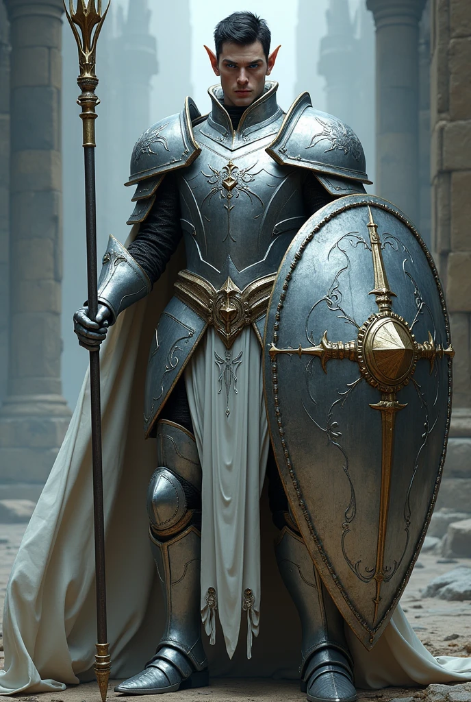 Cleric d&d Tall Male elf, dark short hair ,pale skin ,dark blue eyes no beard with silver heavy armor , flail and Great shield