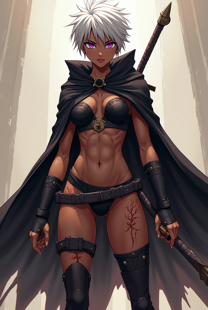 anime styling(soul Eater) young dark skinned gladiator woman from the front with body full of deep scars, with hair up to the neck white, with purple eyes, using a bastard sword, she is wearing a cloak that covers her entire body