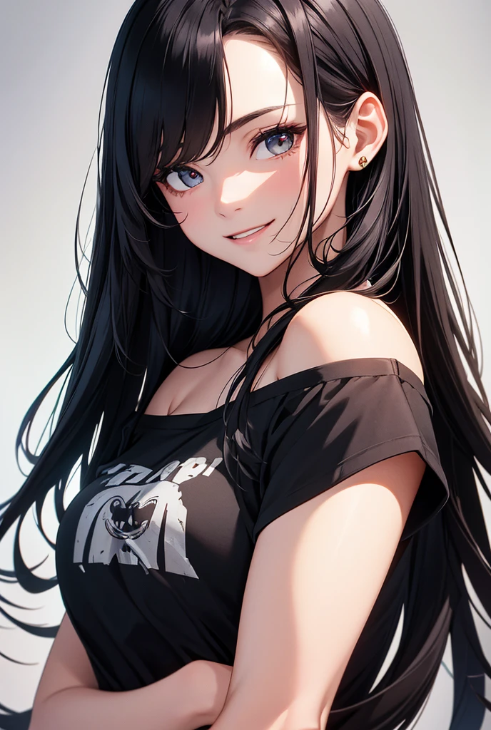 High resolution, masterpiece, Highest quality, Beautiful girl,smile, Black Hair, Long Hair,Background blur, Hanging eyes,Open your mouth a little, Tattoo,Off-the-shoulder T-shirt,Simple Background
