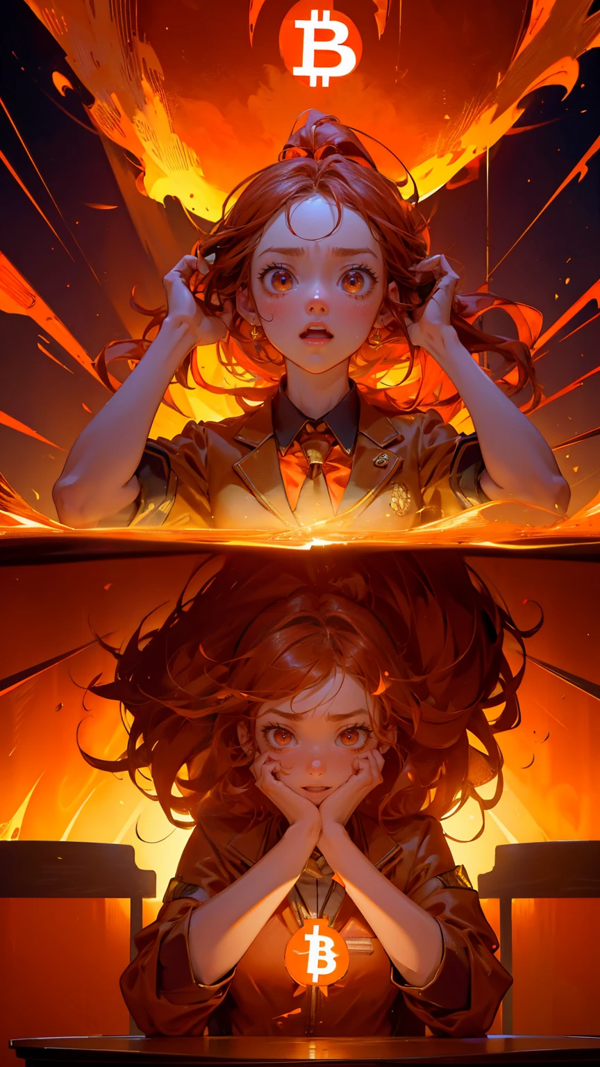 A room engulfed in intense flames with a bright orange and red background, stacks of golden coins scattered around, and large Bitcoin symbols floating in the air. Multiple beautiful, cute girls in business suits, each with different hairstyles and facial expressions, are sitting around a wooden table. They have a panicked and stressed look, wide-eyed with open mouths, as they look at a stock market chart on the table labeled 'BUY HIGH, SELL LOW'. The girls are in various poses, some raising their hands in frustration, some holding their heads, and others nervously sweating. The atmosphere is chaotic, with a sense of financial crisis. Ethereum and Bitcoin symbols are glowing in the background, adding to the dramatic tension.