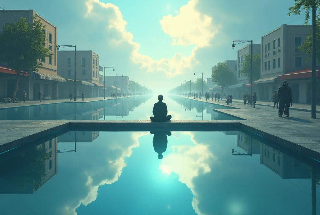 A sky with clearly visible clouds and, Under the sky, a pool that blends with the clouds. at the edge of the pool, a person is sitting, observing mere mortals in their daily lives. It is clear that the pool water behaves like a mirror or a portal, clearly reflecting people walking on foot on a city street. The view is from top to bottom, showing people walking clearly and distinctly in the water.