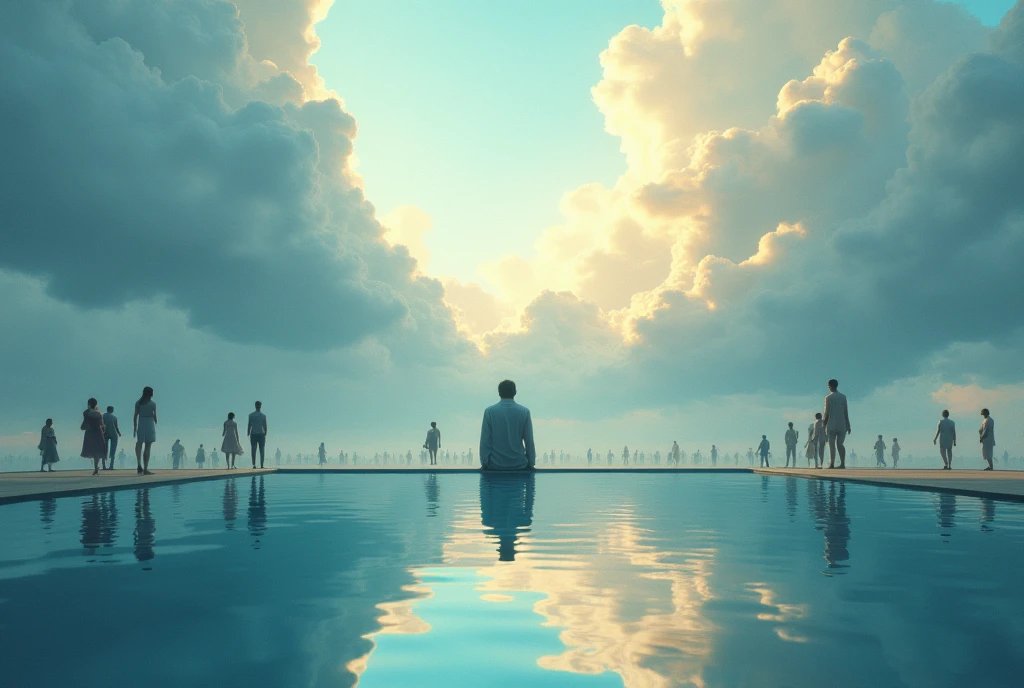 A sky with clearly visible clouds and, Under the sky, a pool that blends with the clouds. at the edge of the pool, a person is sitting, observing mere mortals in their daily lives. It is clear that the pool water behaves like a mirror or a portal, clearly reflecting people walking on foot on a city street. The view is from top to bottom, showing people walking clearly and distinctly in the water.