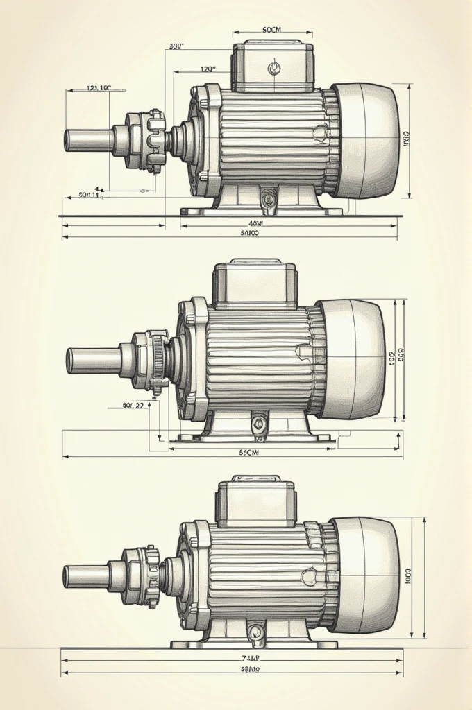 make a sketch for maintenance of a motor with brake. Measurements in accordance with technical drawing standards, place all measurements based on a real size motor with brake. It has to have a side view, Superior e frontal. nothing too elaborate but with the right measurements