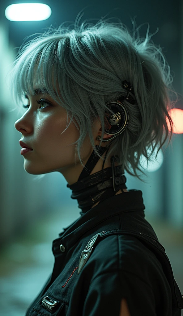 ((Film Grain, Bokeh, Particles of light ,Dust particles, Extreme camera angles.)), Dynamic pose, Full body photo of a young and attractive broken cyborg woman, Raise your eyebrows, night, Street lamp, Grey Hair