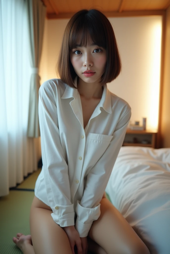 ((Japanese Idols))　((Plump and Shiny Lips))　Big Breasts　((Short brown hair with bangs))　((Looking into the camera))　Sit with your legs apart　((White button shirt and white panty))　　Low-angle shot of a person standing facing forward　look down　((A bedroom with shoji and tatami mats lit up in white neon lights))