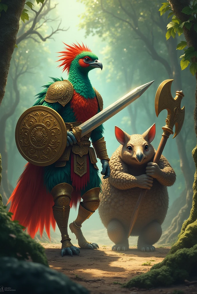 Create an image of a quetzal and an armadillo, Becoming Warriors