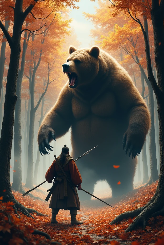 A tense and dramatic scene set in the dense forests of Akita Prefecture, where a determined hunter stands face-to-face with a massive brown bear (Higuma). The hunter, clad in traditional clothing and wielding a long spear, prepares to defend himself as the bear rears up on its hind legs, roaring with ferocity. The forest around them is thick with autumn colors, and the ground is covered with fallen leaves, adding to the intensity of the encounter.