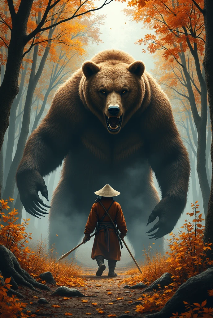 A tense and dramatic scene set in the dense forests of Akita Prefecture, where a determined hunter stands face-to-face with a massive brown bear (Higuma). The hunter, clad in traditional clothing and wielding a long spear, prepares to defend himself as the bear rears up on its hind legs, roaring with ferocity. The forest around them is thick with autumn colors, and the ground is covered with fallen leaves, adding to the intensity of the encounter.