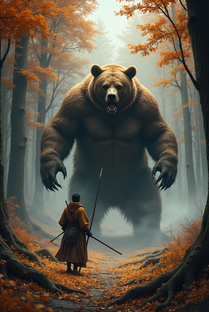 A tense and dramatic scene set in the dense forests of Akita Prefecture, where a determined hunter stands face-to-face with a massive brown bear (Higuma). The hunter, clad in traditional clothing and wielding a long spear, prepares to defend himself as the bear rears up on its hind legs, roaring with ferocity. The forest around them is thick with autumn colors, and the ground is covered with fallen leaves, adding to the intensity of the encounter.